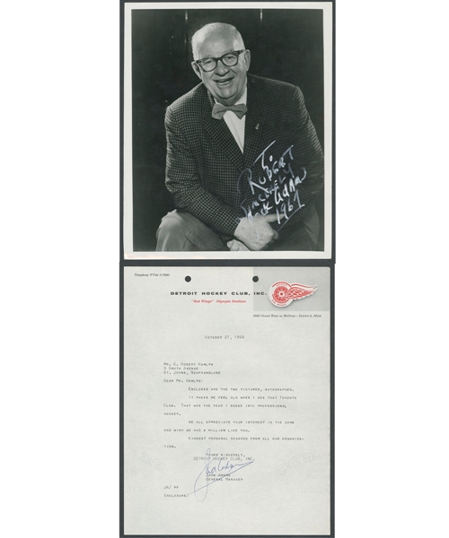 Deceased HOFer Jack Adams Signed 1960 Letter on Detroit Red Wings Letterhead and Signed 1961 Photo from the E. Robert Hamlyn Collection