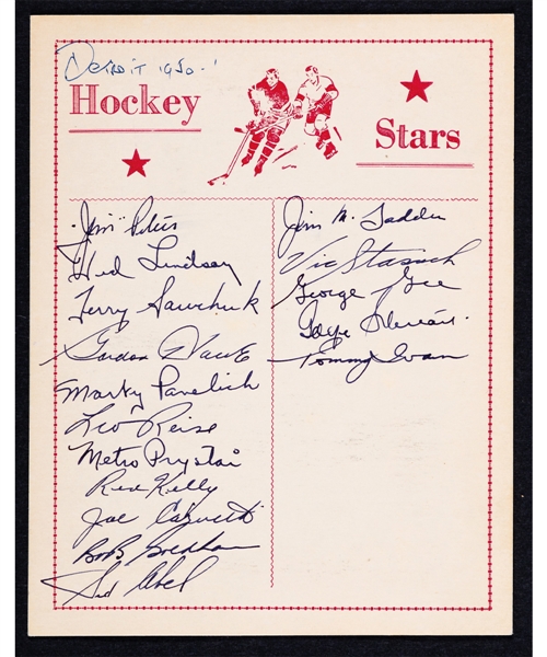 Detroit Red Wings 1950-51 Team-Signed Sheet with Deceased HOFers (6) Including Sawchuk and Howe Plus Deceased HOFer Tommy Ivan Signed 1950 Letter from the E. Robert Hamlyn Collection