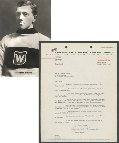 Deceased HOFer Ernie Russell (Montreal AAA - Montreal Wanderers) Signed 1954 Letter from the E. Robert Hamlyn Collection