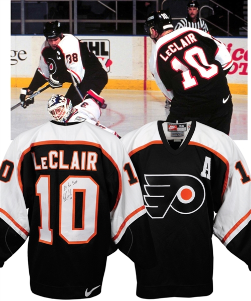 John LeClairs 1998-99 Philadelphia Flyers Signed Game-Worn Alternate Captains Third Jersey from Ray Bourques Collection with His Signed LOA