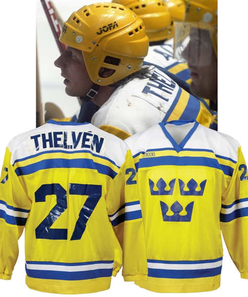 Michael Thelvens 1987 Canada Cup Team Sweden Game-Worn Jersey from Ray Bourques Collection with His Signed LOA - Photo-Matched!