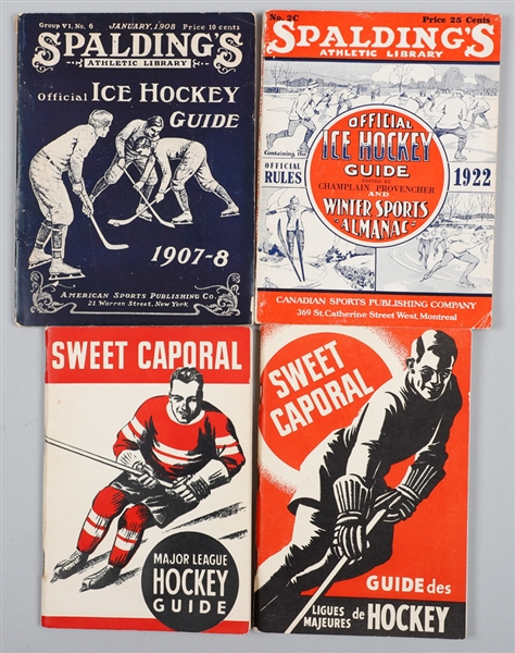 Vintage Hockey Guide Collection of 5 Including 1907-08 Spalding Ice Hockey Guide and Sweet Caporal 1939-40 and 1940-41 Guides