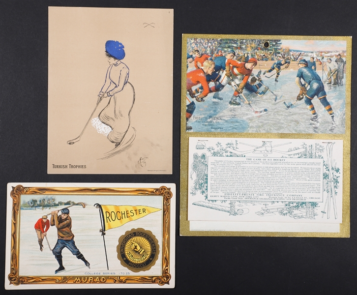 1902 Turkish Trophies Hockey Girl Card, 1910-11 Murad Rochester Hockey Premium Card and 1919 Hockey-Themed Calendar
