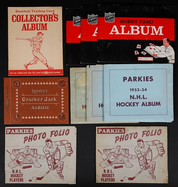 1952-53, 1953-54 and 1954-55 Parkhurst Hockey Card Albums (5), 1960s Topps Card Albums (3), 1963 Post Cereal Baseball Trading Card Album and 1949-50 Cracker Jack Sport "Yesterday & To-Day" Album