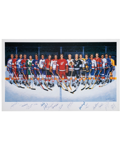 500-Goal Scorers Limited-Edition Lithograph #420/1000 Autographed by 16 with Maurice Richard, Gordie Howe, Jean Beliveau and Others (22 ½” x 37 ½”)