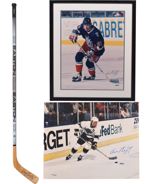 Wayne Gretzky Signed Easton Stick and Los Angeles Kings and New York Rangers Signed Photos - All from UDA