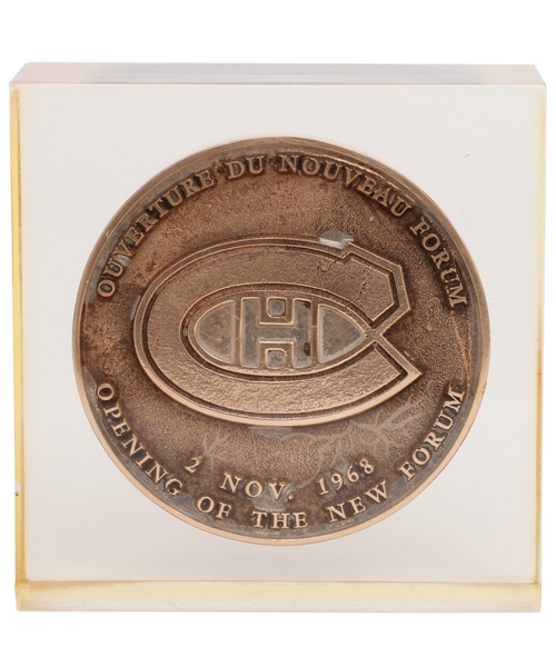 Jean Beliveaus 1968 Montreal Forum Reopening Night Bronze Medallion Sealed in Lucite from His Personal Collection with Family LOA