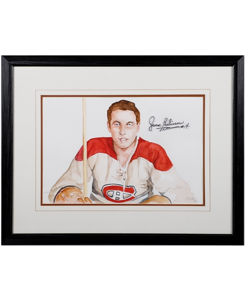 Jean Beliveaus Signed Montreal Canadiens Watercolor Framed Painting from His Personal Collection with Family LOA (19” x 24”)