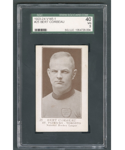 1923-24 William Paterson V145-1 Hockey Card #25 Bert Corbeau RC Short Print - Graded SGC VG 3
