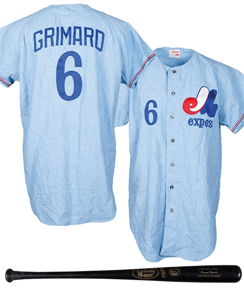 Senator Normand Grimards Early-1970s Montreal Expos #6 Presentational Flannel Jersey and Louisville Bat Plus Ron Fairly Signed Programs, Photos and Ball