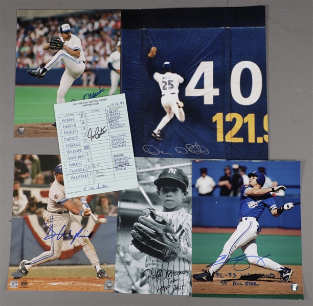 Toronto Blue Jays Signed Photo Collection of 5 Including Winfield, Alomar, Sprague and White Plus 1997 Batting Lineup Card Signed by Carter and Gaston