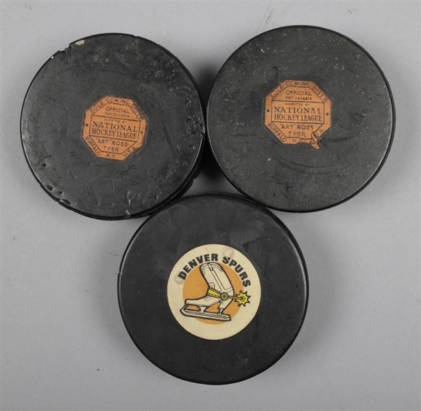 CCM Art Ross 1942-50 NHL Official Game Pucks (2) Plus Mid-1970s Denver Spurs WHA Official Game Puck