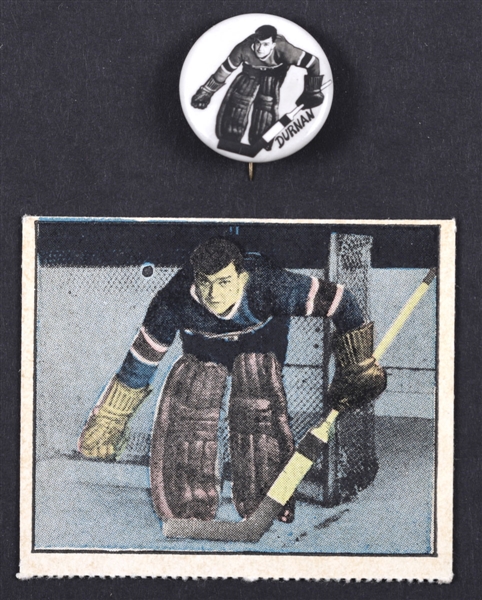 Bill Durnan 1948 Montreal Canadiens Pep Cereal Pin and 1951 Berk Ross "Hit Parade of Champions" Rookie Card