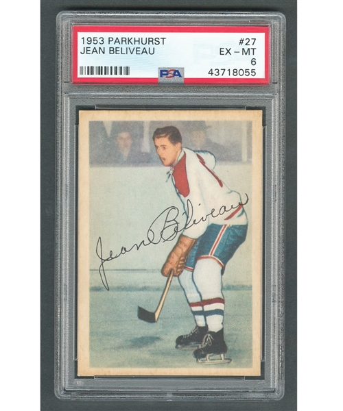 1953-54 Parkhurst Hockey Card #27 HOFer Jean Beliveau RC - Graded PSA 6