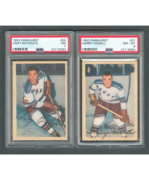 1953-54 Parkhurst Hockey Card #56 HOFer Andy Bathgate RC (Graded PSA 7) and 1953-54 Parkhurst Hockey Card #57 HOFer Harry Howell RC (Graded PSA 8)