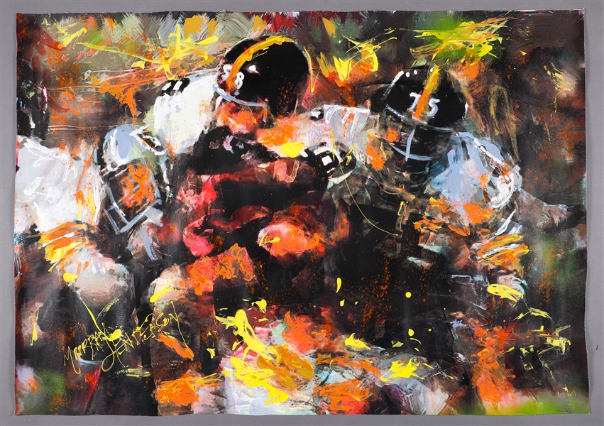 Substantial Mean Joe Greene and Jack Lambert Pittsburgh Steelers Original Painting on Canvas by Renowned Artist Murray Henderson (28 ½” x 40 ½”)