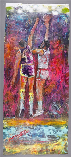 Wilt Chamberlain Los Angeles Lakers “Defending the Hoop” Original Painting on Canvas by Renowned Artist Murray Henderson (23” x 53”)