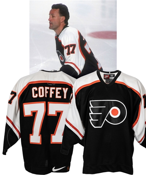 Paul Coffeys 1997-98 Philadelphia Flyers Game-Worn Third Jersey with LOA - Photo-Matched!