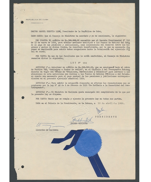 Republic of Cuba Prime Minister Fidel Castro Signed 1959 Republic of Cuba Official Document with JSA LOA