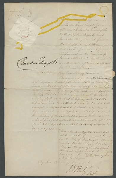 First Governor General of the Province of Canada Sir Charles Bagot Signed 1842 Document