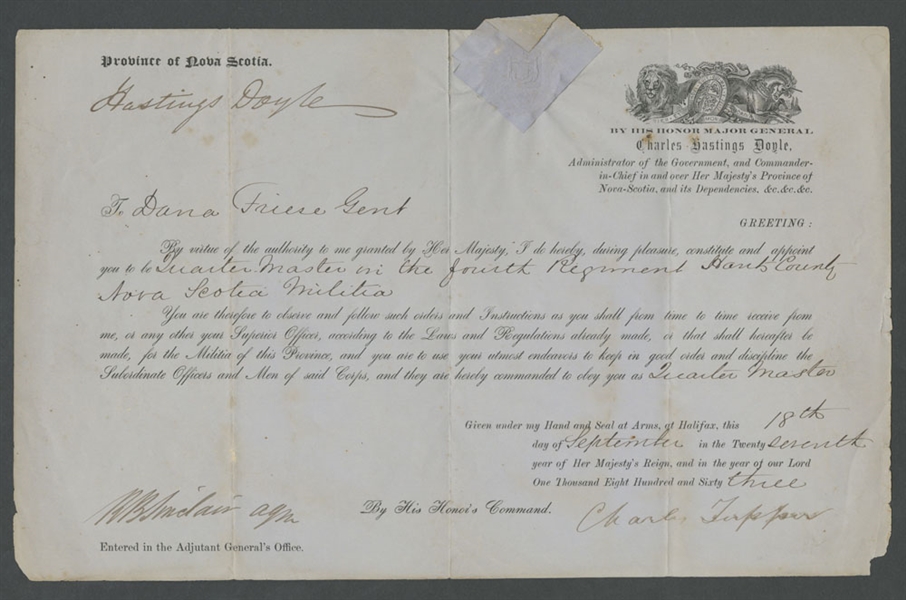 Canadian Prime Minister Charles Tupper Signed 1863 Province of Nova Scotia Military Document - 6th Prime Minister of Canada / Deceased 1915