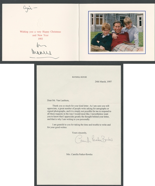 Prince Charles Signed 1993 Royal Christmas Card with JSA LOA and Camilla Parker-Bowles Signed Letter