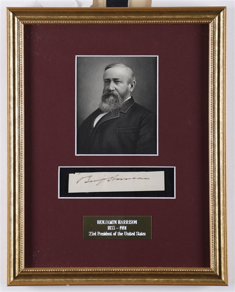 Benjamin Harrison Signed Cut Framed Display (JSA LOA) Plus 1888 Presidential Campaign Portait Handkerchief - 23rd President of the United States