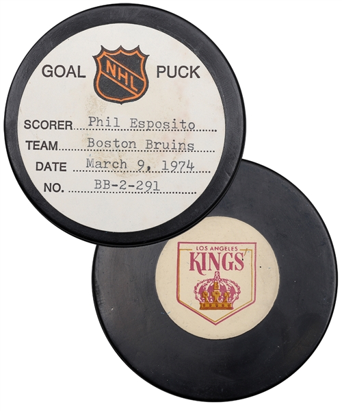 Phil Espositos Boston Bruins March 9th 1974 Goal Puck from the NHL Goal Puck Program - 58th Goal of Season / Career Goal #456 of 717 - Game-Tying Goal