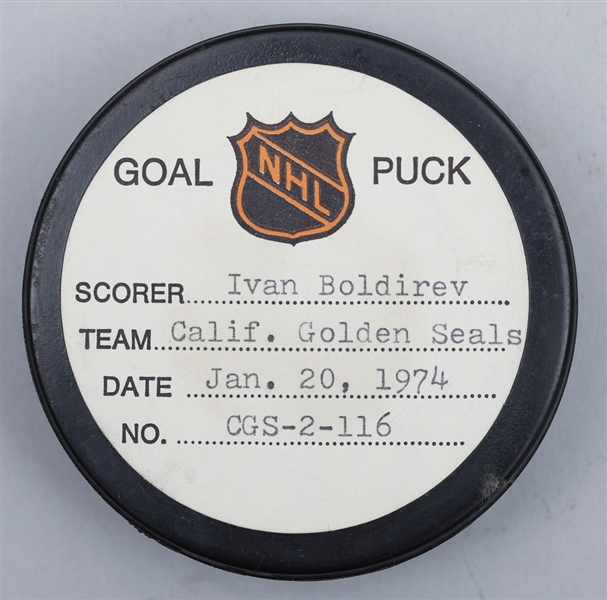 Ivan Boldirevs California Golden Seals January 20th 1974 Goal Puck from the NHL Goal Puck Program - 17th Goal of Season / Career Goal #44 of 361