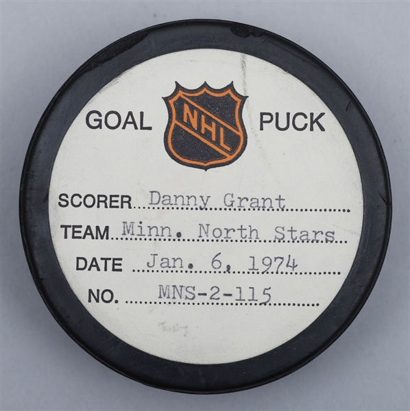 Danny Grants Minnesota North Stars January 6th 1974 Goal Puck from the NHL Goal Puck Program - 18th Goal of Season / Career Goal #168 of 263