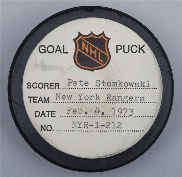 Pete Stemkowskis New York Rangers February 4th 1973 Goal Puck from the NHL Goal Puck Program - 18th Goal of Season / Career Goal #147 of 206 - 3rd Goal of Hat Trick