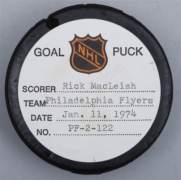Rick MacLeishs Philadelphia Flyers January 11th 1974 Goal Puck from the NHL Goal Puck Program - 15th Goal of Season / Career Goal #68 of 349