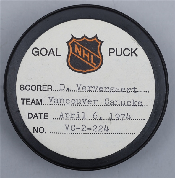 Dennis Ververgaerts Vancouver Canucks April 6th 1974 Goal Puck from the NHL Goal Puck Program - 26th Goal of Season / Career Goal #26 of 176 - Last Goal of Rookie Season for Ververgaert