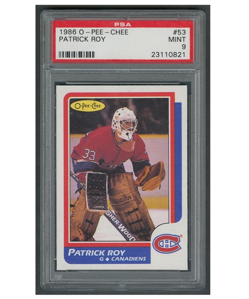 1986-87 O-Pee-Chee Hockey Card #53 HOFer Patrick Roy RC - Graded PSA 9
