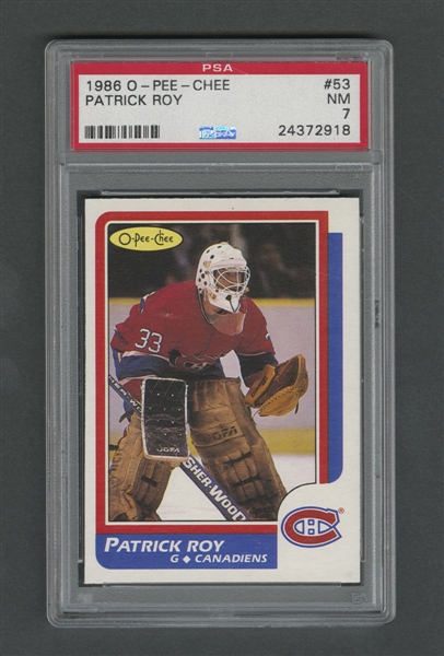 1986-87 O-Pee-Chee Hockey Card #53 HOFer Patrick Roy RC - Graded PSA 7