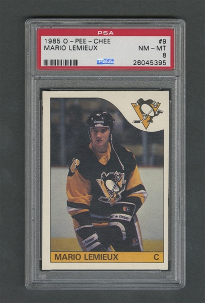 1985-86 O-Pee-Chee Hockey Card #9 HOFer Mario Lemieux RC - Graded PSA 8