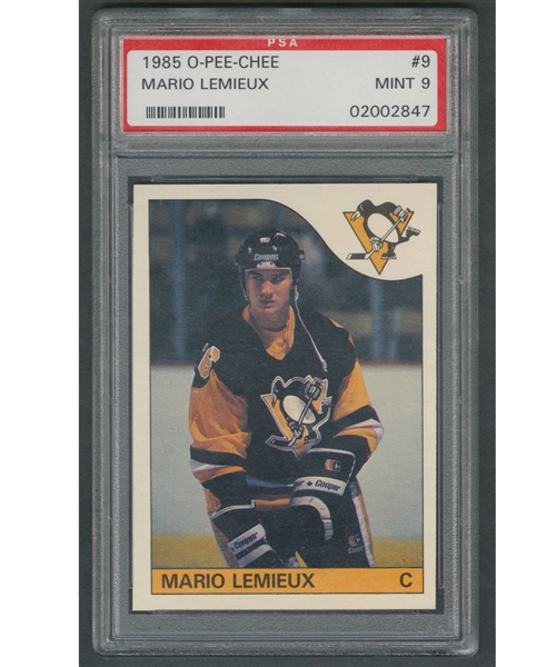 1985-86 O-Pee-Chee Hockey Card #9 HOFer Mario Lemieux RC - Graded PSA 9