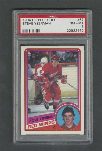 1984-85 O-Pee-Chee Hockey Card #67 HOFer Steve Yzerman RC - Graded PSA 8