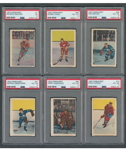 1952-53 Parkhurst Hockey Complete 105-Card Set with PSA-Graded Cards (8) Including #1 Richard (5 EX), #51 Armstrong (4 VG-EX), #58 Horton (4 VG-EX), #86 Sawchuk (4 VG-EX) and #88 Howe (4 VG-EX)