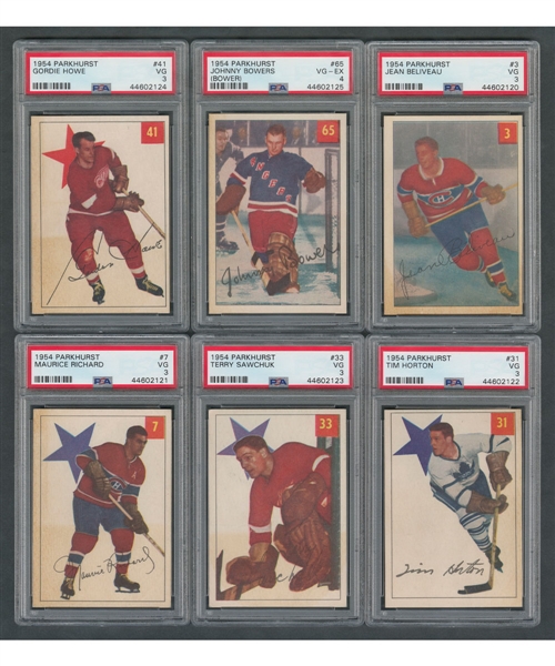 1954-55 Parkhurst Hockey Complete 100-Card Set with PSA-Graded Cards (6) Including #3 Beliveau (3 VG), #7 Richard (3 VG), #41 Howe (3 VG) and #65 Bower RC (4 VG-EX)