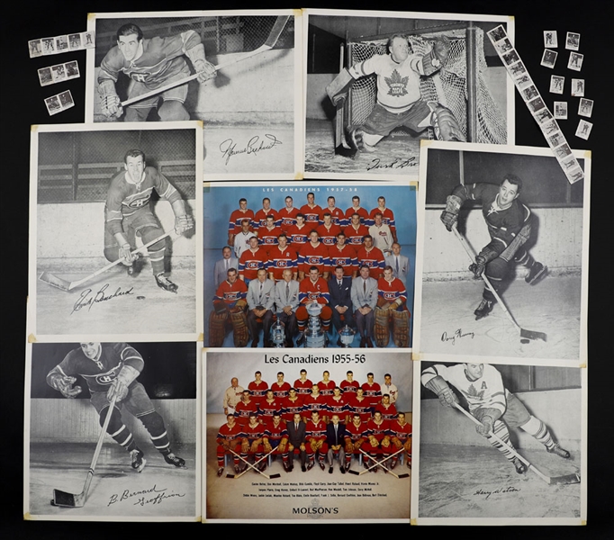 1950 R423 Anonymous Mini Hockey Cards (37 Cards Including 1 Strip of 13 Cards), 1945-1954 Quaker Oats Hockey Photos (51) and 1950s/1960s Montreal Canadiens Molson Team Pictures (5)