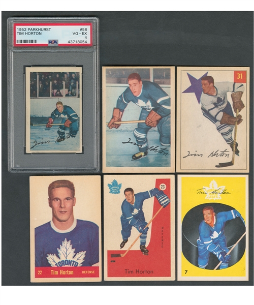 1952-53 Parkhurst Hockey Card #58 HOFer Tim Horton RC (Graded PSA 4) Plus 1953-54 to 1968-69 Parkhurst and O-Pee-Chee Cards (7)