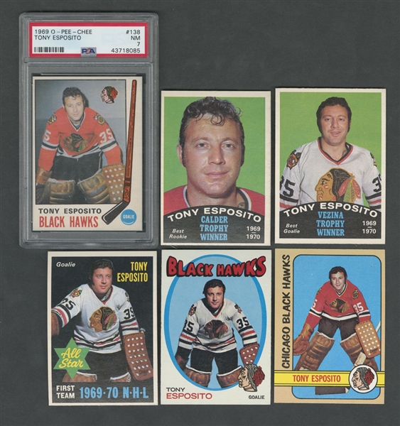 1969-70 O-Pee-Chee Hockey Card #138 HOFer Tony Esposito RC (Graded PSA 7) Plus 1970-71 to 1972-73 O-Pee-Chee and Topps Cards (6)