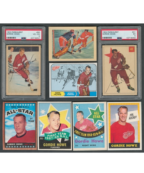 1953-54 Parkhurst Hockey Card #50 HOFer Gordie Howe (Graded PSA 4), 1954-55 Parkhurst Hockey Card #41 (Graded PSA 5) Plus 1956 to 1979-80 Adventure, Topps and O-Pee-Chee Cards (15)