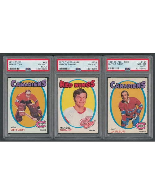 1971-72 Topps Hockey Card #45 HOFer Ken Dryden RC (Graded PSA 8 OC), 1971-72 O-Pee-Chee #133 HOFer Marcel Dionne RC (Graded PSA 8) and 1971-72 O-Pee-Chee #148 HOFer Guy Lafleur RC (Graded PSA 8 OC)