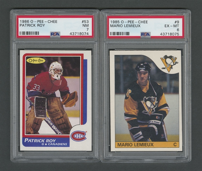 1985-86 O-Pee-Chee Hockey Card #9 HOFer Mario Lemieux RC (Graded PSA 6) and 1986-87 O-Pee-Chee Hockey Card #53 HOFer Patrick Roy RC (Graded PSA 7)