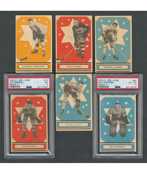 1933-34 O-Pee-Chee V304 Series "A" and "B" Hockey Cards (11) Including #3 Shore RC, #31 Clancy, #33 Jackson RC, #34 Conacher RC, #12 Primeau RC (Graded PSA 5) and #45 Worters RC (Graded PSA 4)
