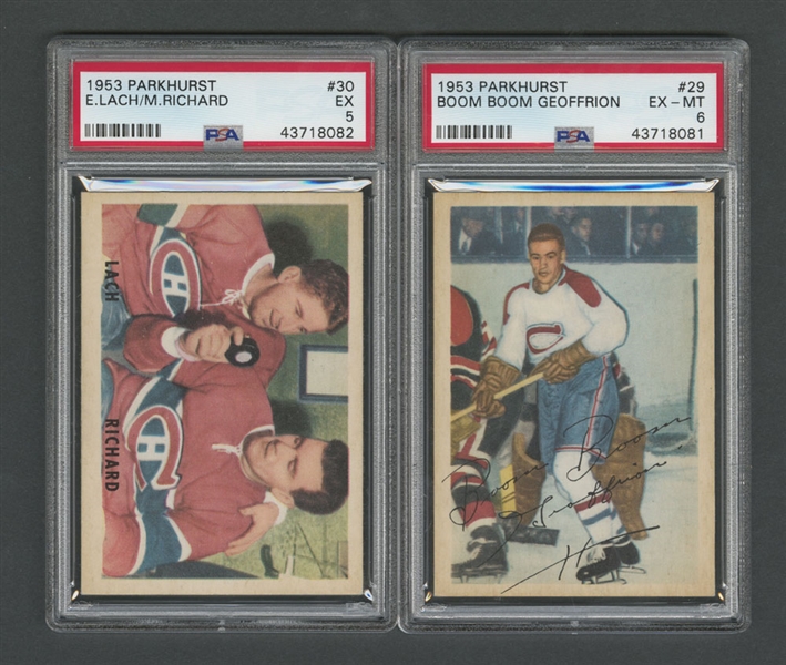 1953-54 Parkhurst Hockey Card #29 HOFer Bernard Geoffrion (Graded PSA 6) and 1953-54 Parkhurst Hockey Card #30 HOFers Elmer Lach / Maurice Richard (Graded PSA 5)