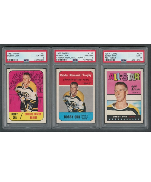 1967-68 Topps Hockey Near Complete Set (124/132) Including PSA-Graded Cards #92 Bobby Orr (PSA 6), #118 Bobby Orr Calder Trophy (PSA 8) and #128 Bobby Orr All-Star (PSA 9)