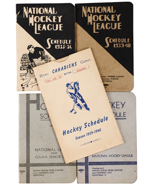 1935-36 to 1944-45 Mount Royal Press and Globe Envelopes NHL Hockey Schedule Collection of 5